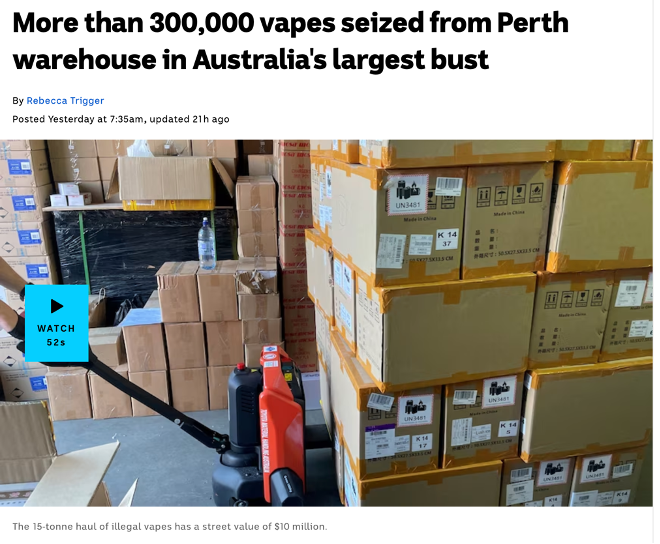 Vapes seized from Perth warehouse in Australia's biggest bust